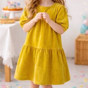 Girls' Velvet Tiered Dress - Mustard Yellow